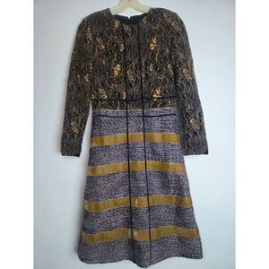 Sara Navon Black Gold Grey Floral Jacquard Tweed Velvet A-Line Dress size Small